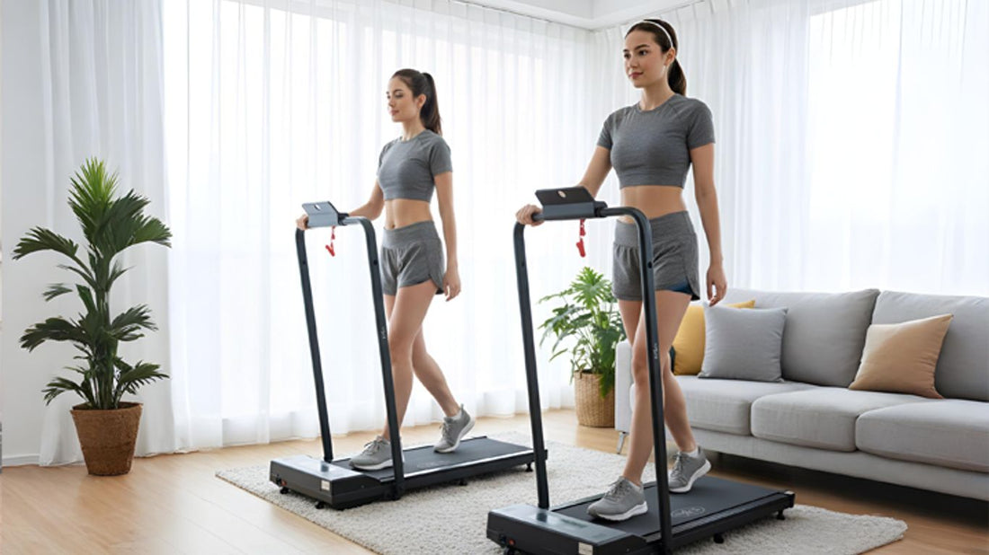 Two people exercising on treadmills in a bright, modern living room.