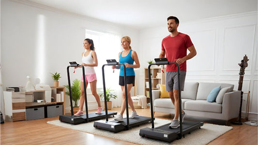 Three people exercising on treadmills in a living room.