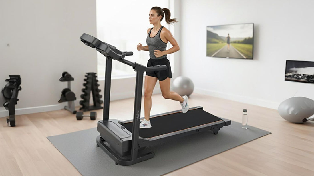 A person runs on a treadmill in a home gym.