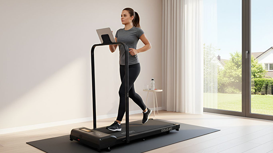 A person runs on a treadmill while looking at a tablet.