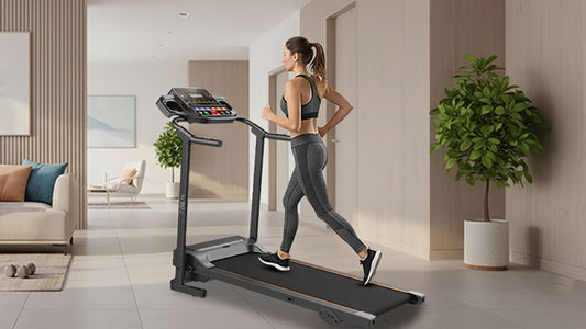 A person runs on a treadmill in a modern living room.