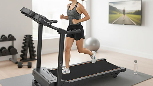 A person runs on a treadmill in a home gym.
