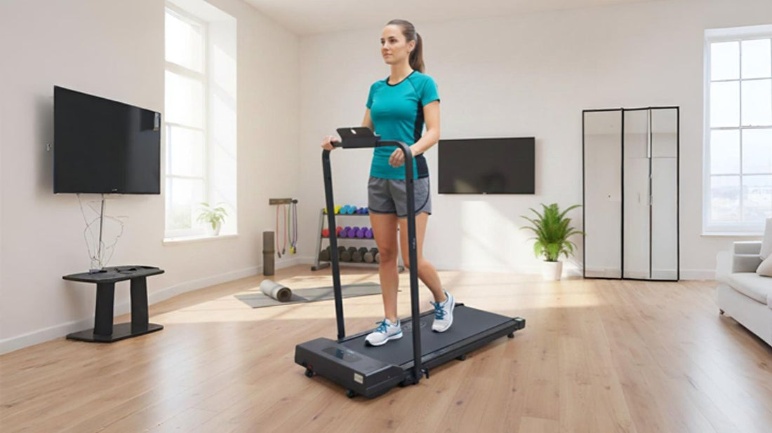 A person walks on a treadmill in a bright, modern room.