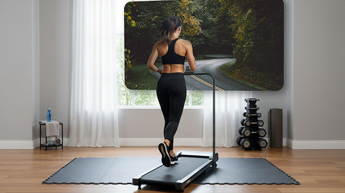 Person running on a treadmill with a scenic road displayed on a screen.
