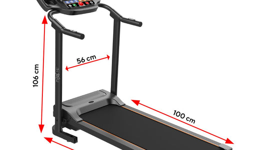 A treadmill with dimensions and the Evolve logo.