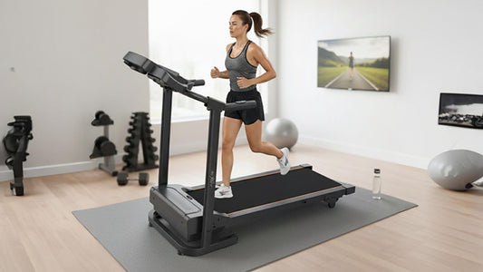 A person runs on a treadmill in a home gym.