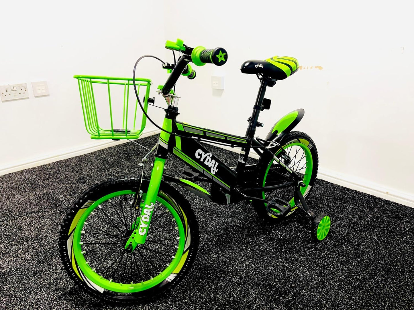 CYDAL 12 Inch Neon Green Kids Bike (Ages 5–7) – Children’s Bicycle with Stabilisers, Basket, Bell & Adjustable Seat