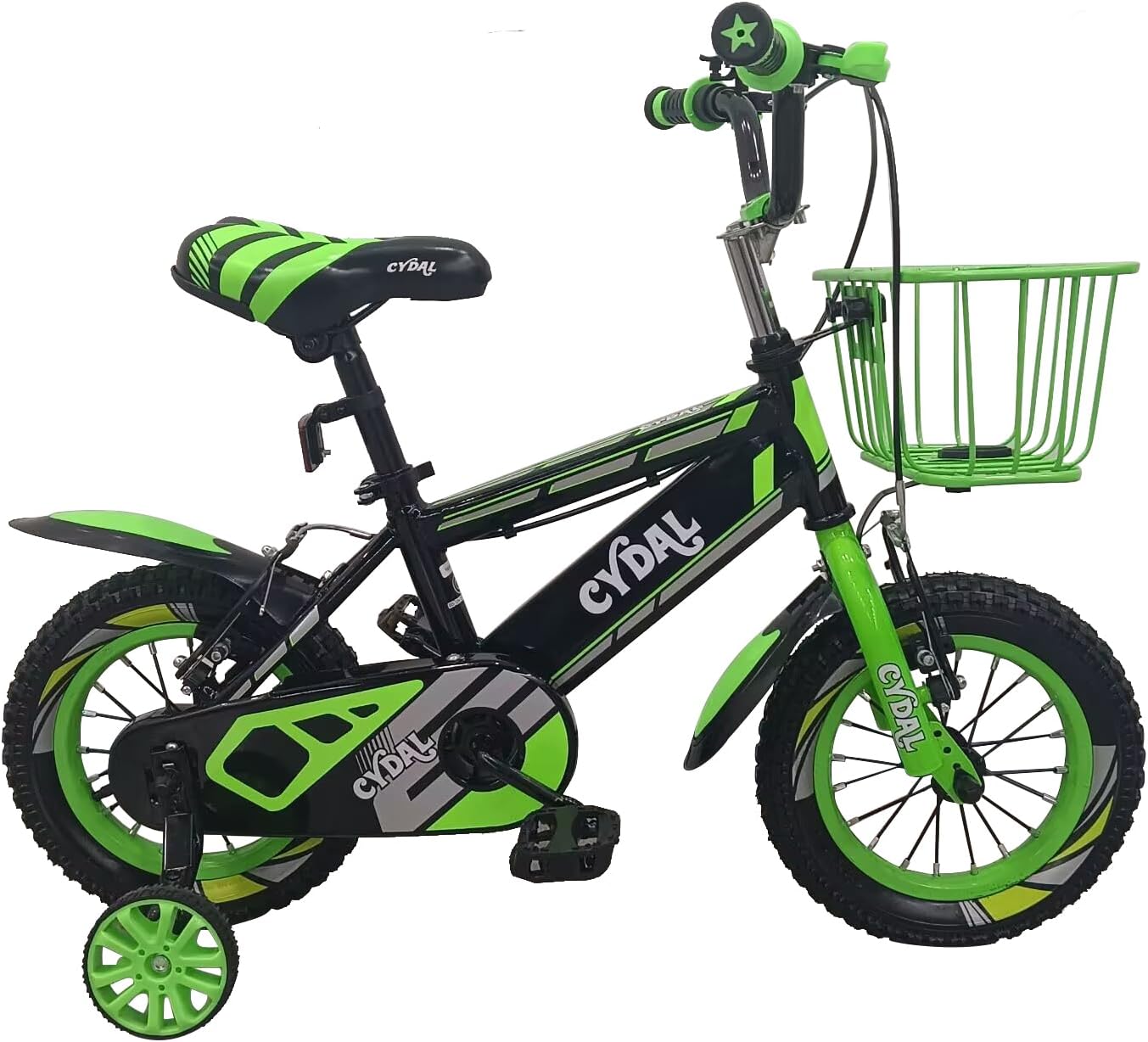 CYDAL 14 Inch Neon Green Kids Bike (Ages 6–8) – Children’s Bicycle with Stabilisers, Basket, Bell & Adjustable Seat
